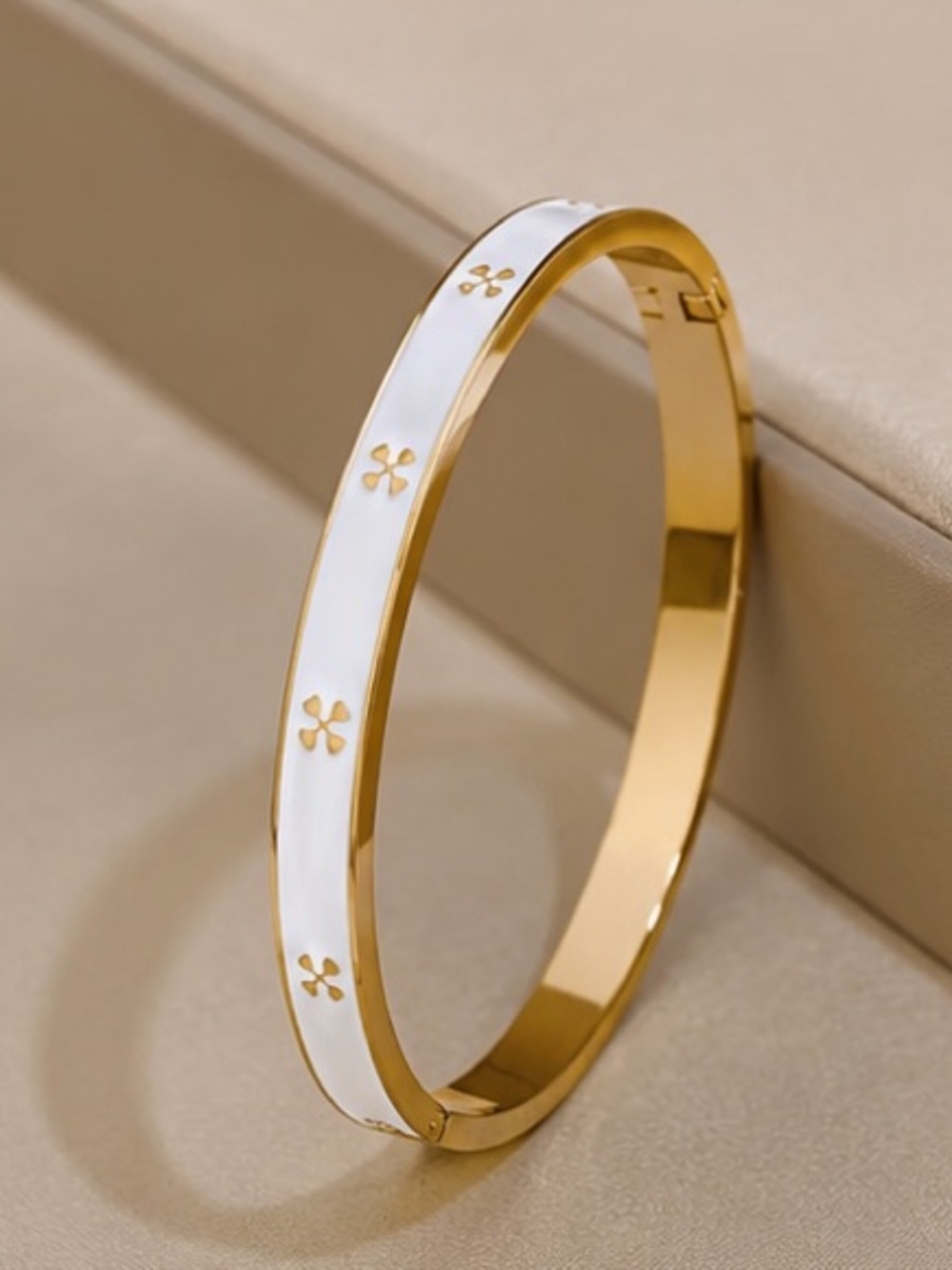 White Enamel Gold Bangle with Delicate Floral Motifs Elegant Minimalist Bracelet